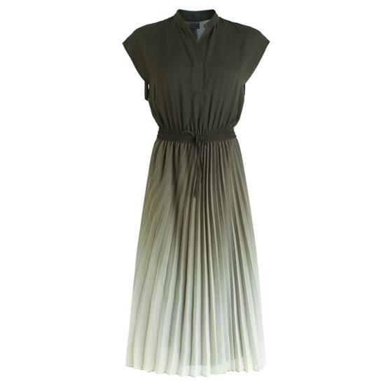 Stand Collar V-neck Flying Sleeve Elastic Waist Drawstring Summer Dress Gradient Color Pleated