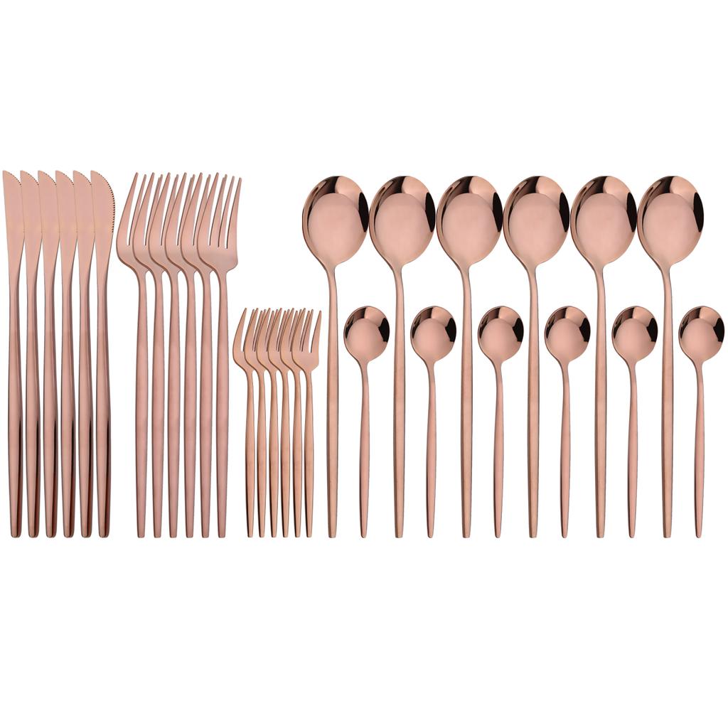 30Pcs Red Gold Dinnerware Set Western Stainless Steel Cutlery Knife Cake Forks Tea Spoon Flatware Silverware Kitchen Tableware