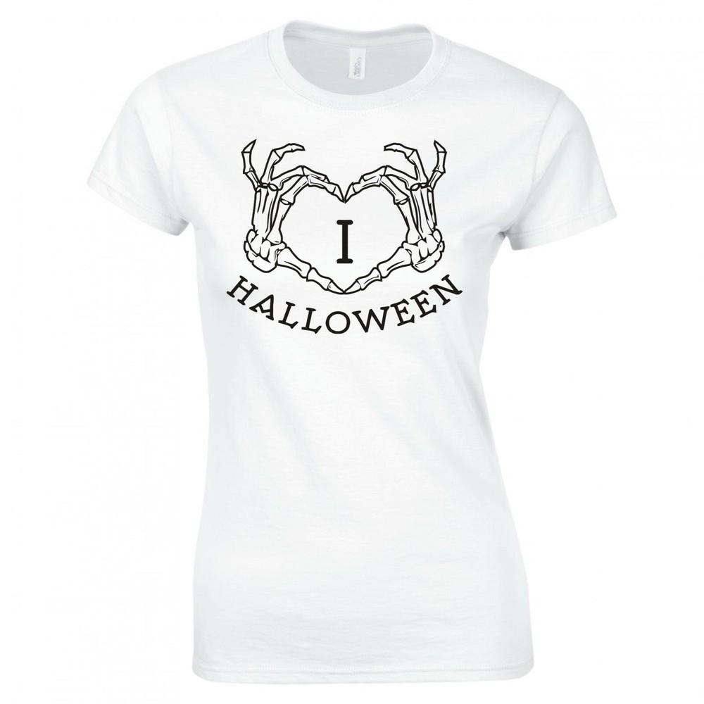 I Love Halloween Skeleton Heart Hands Ladies Skinny Fit TShirt