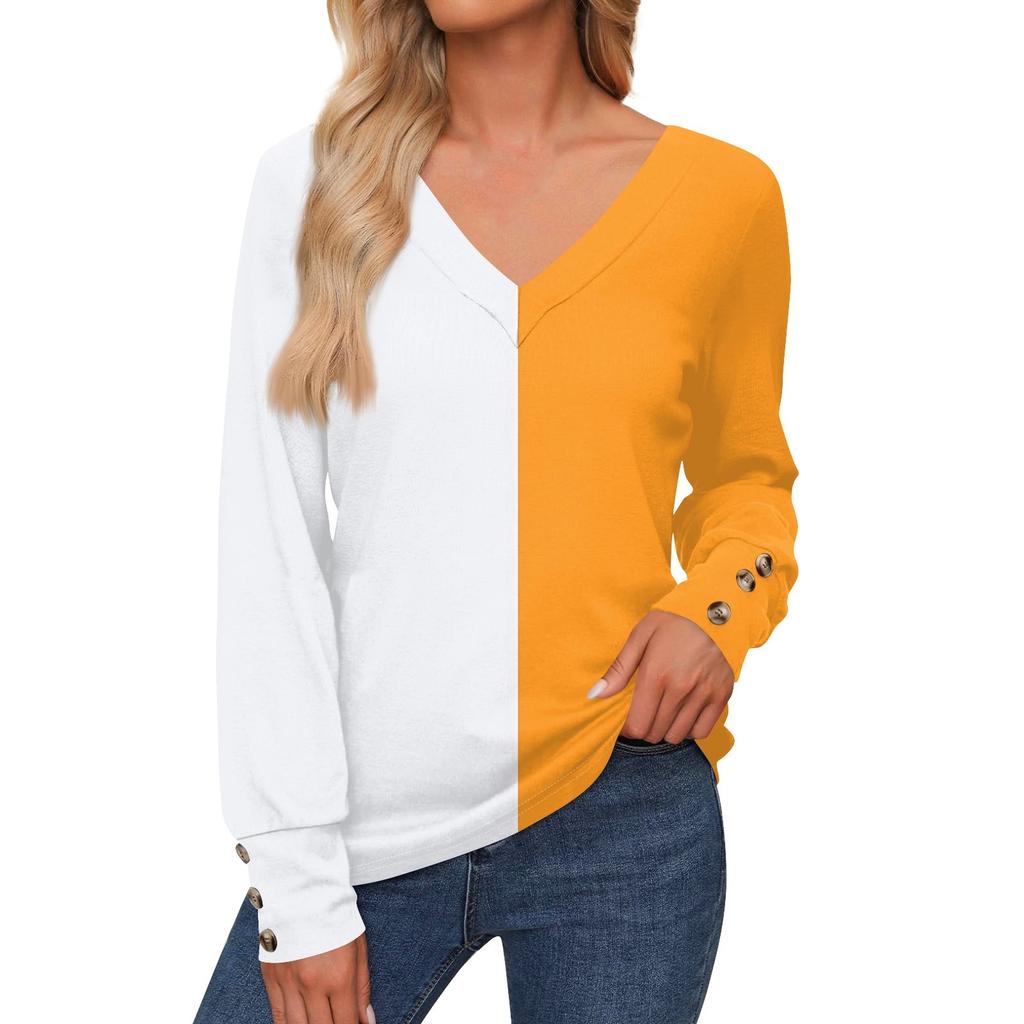 Женская повседневная модная рубашка с длинными рукавами и манжетами на пуговицах, свободная футболка с V-образным вырезом, осенняя одежда