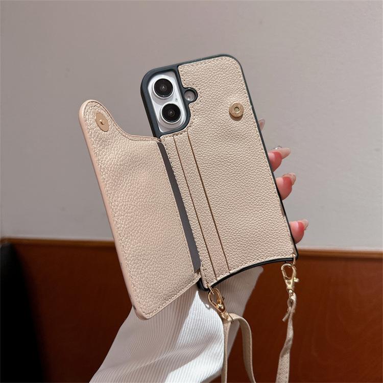 Подходит для iphone16promax через плечо личи узор 12pro кольцо рыбий хвост ремешок функция карты защитный чехол