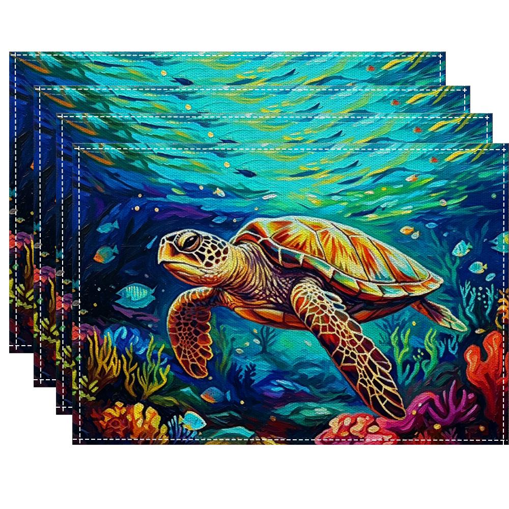 Colorful Sea Turtle&Coral Reef Placemats Vibrant Underwater Scene Table Decor Artistic Ocean Life Print Dreamy Dining Mats