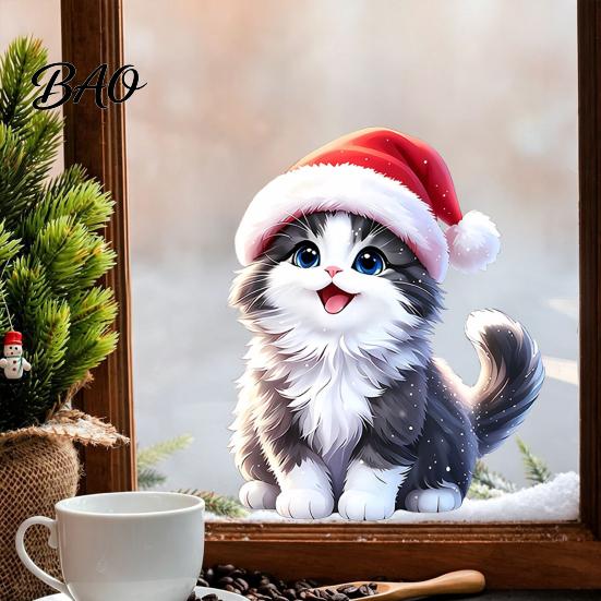 Cute Animal Pattern Stickers Christmas Cat Window Sticker, Kitten Static Cling, Removable Party Supplies Waterproof Holiday PVC Decal for Living Room