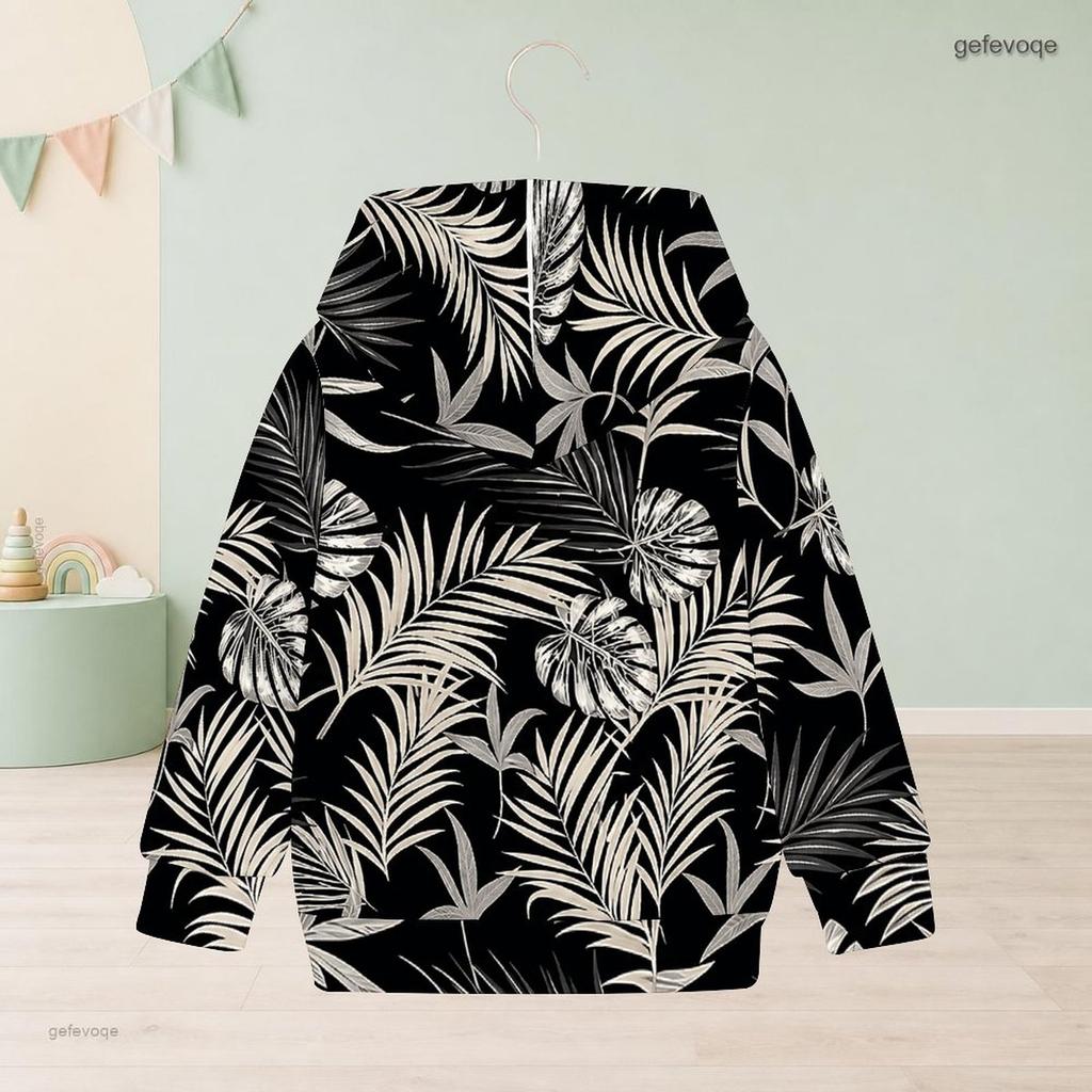 Girls Long Sleeve Hoodie Black Tropical Leaf Printed Pullover With Ribbed Cuffs