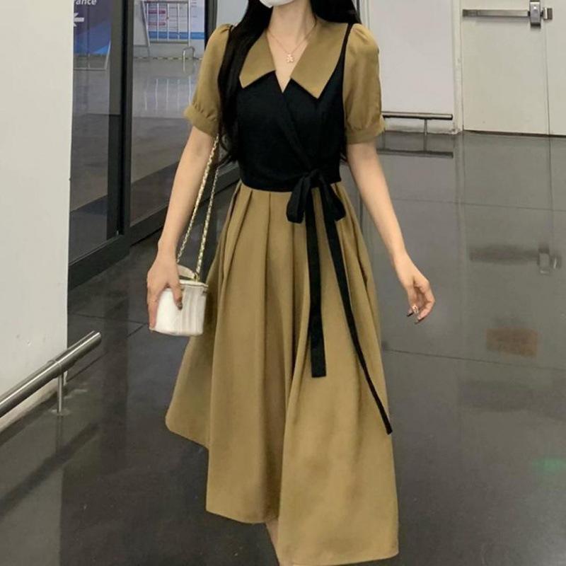 Платье-двойка в стиле французского ретро — женское, большого размера, средней длины, для лета