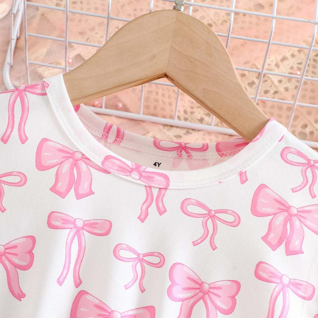 Cute Bow Print Ruffle Tulle Tutu Princess Dress for Girls 3-8 Years Sweet Style Summer Casual Party Wear Children Dress