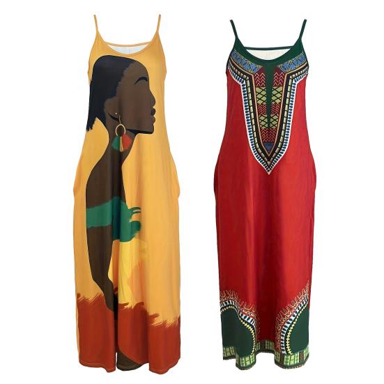 Летнее женское платье на бретельках в стиле ретро с контрастным цветным принтом большого размера с V-образным вырезом без рукавов и открытой спиной в богемном стиле трапециевидной формы длиной до щиколотки для отдыха Макси-платье