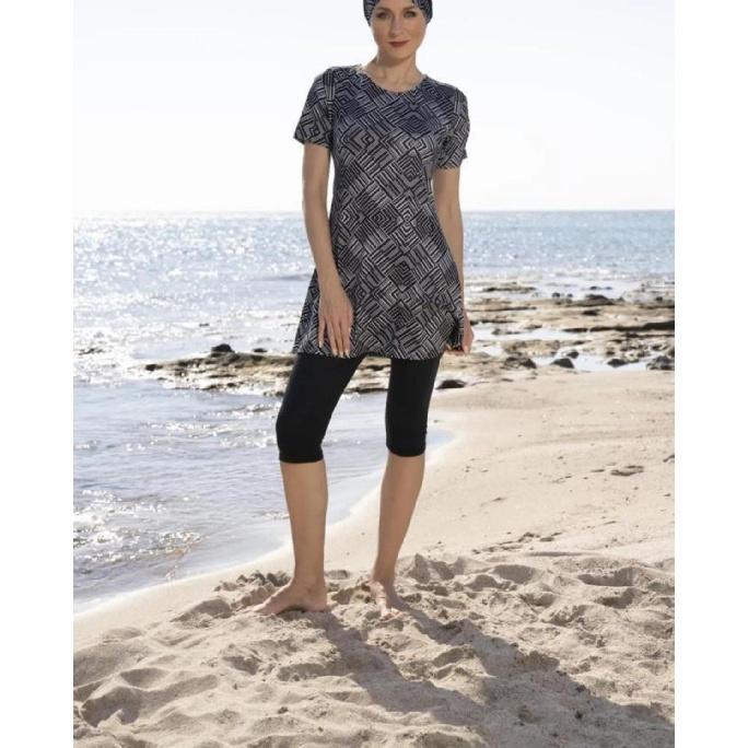 Летний цветочный купальный костюм 2025 с принтом - Комплект: туника с коротким рукавом и укороченные леггинсы - Мусульманский купальник - Пляжная одежда с защитой от УФ-лучей - Летний буркини