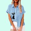 Плюс размер Женская мода кошачий принт Топ Лето & Осень Повседневная застегивающаяся футболка Женская свободная льняная блузка с коротким рукавом