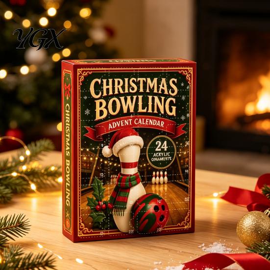 Christmas Tree Hanging Accessories Advent Calendar with 24 Acrylic Pendants, 2D Flat Bowling Theme Durable Double Sided Printed Ornaments for Holiday