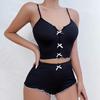 2Pcs/Set Lady Homewear Top Shorts Suit Heart Print Bow Decor Sleeveless Backless Vest Elastic High Waist Short Pants Camis