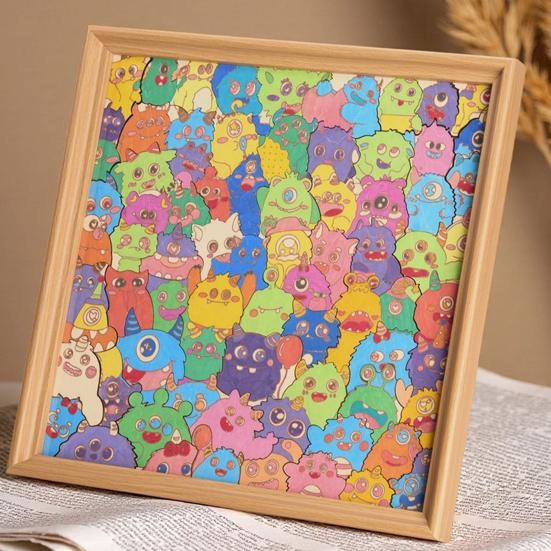 Wooden Coloring Puzzle Kit with Photo Frame Marker Pens DIY Kids Adults Hand-Painted Cartoon Jigsaw Puzzle Decoration Ornament