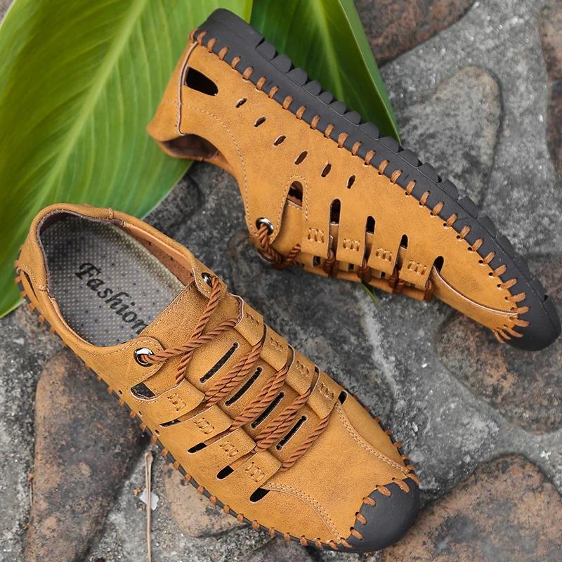 Men Leather Sandals Comfortable Outdoor Casual Shoes 2024 Summer Beach Casual Walking Male Sneakers Men Beach Casual Sandals
