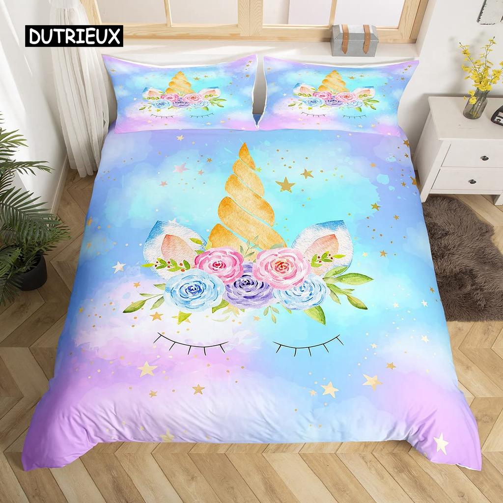 Girls Cute Unicorn Duvet Cover Set Cartoon Animal Bedding Set Microfiber Floral Star Quilt Cover Twin King For Kids Teens Room