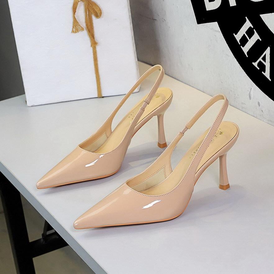 Women European Patent Leather Slingback Sandals, Pointed Shallow Hollow Out Sexy Thin Stiletto Heels For Banquet Outdoor DS-2000