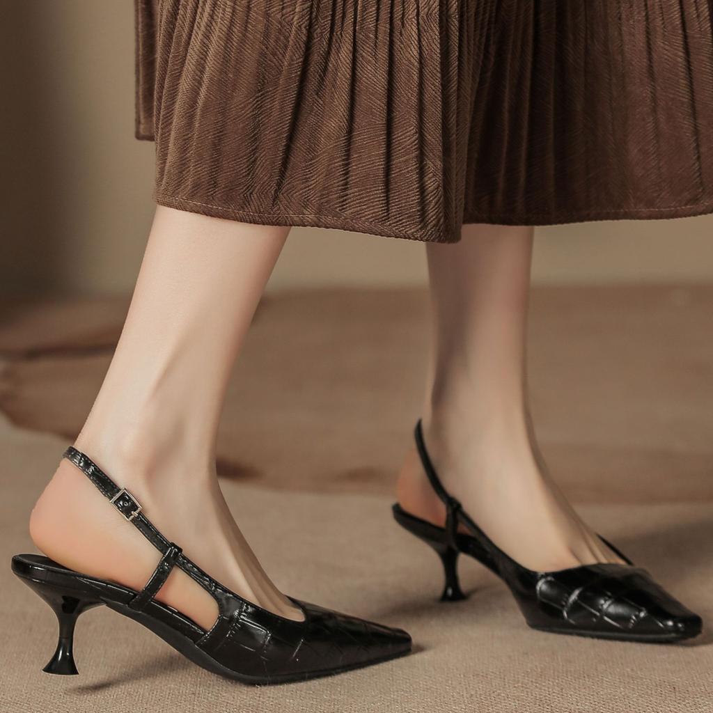 Lacquered Baotou Sandals Crocodile Leather Pattern Small Square Head Back Air Low Heel Cat Heel Summer Sheepskin Insole Single Shoes Women