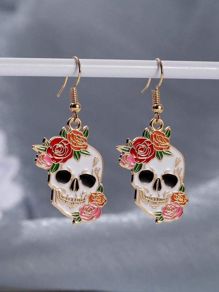 1pair Halloween Zinc Alloy Skull Head & Rose Flower Stud Earrings For Women, Personalized Funny Ear Jewelry