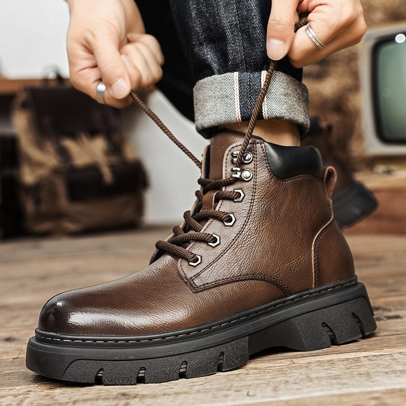 Fashion All-match Male Comfortable Walking Boots Leather High Top Shoes Men Thick Bottom Male Motorcycle Boots New Mens Casual Shoes