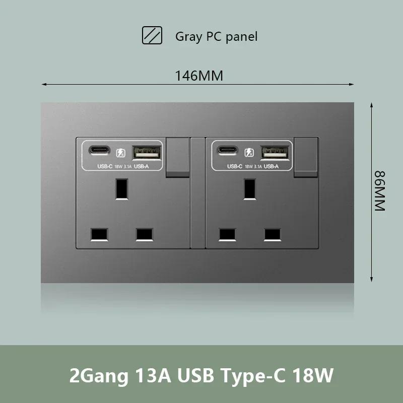 Универсальная двойная розетка с быстрой зарядкой Type-C мощностью 18 Вт, настенный электрический светильник с выключателем на 2 направления, Великобритания, 13 А, двойная розетка USB