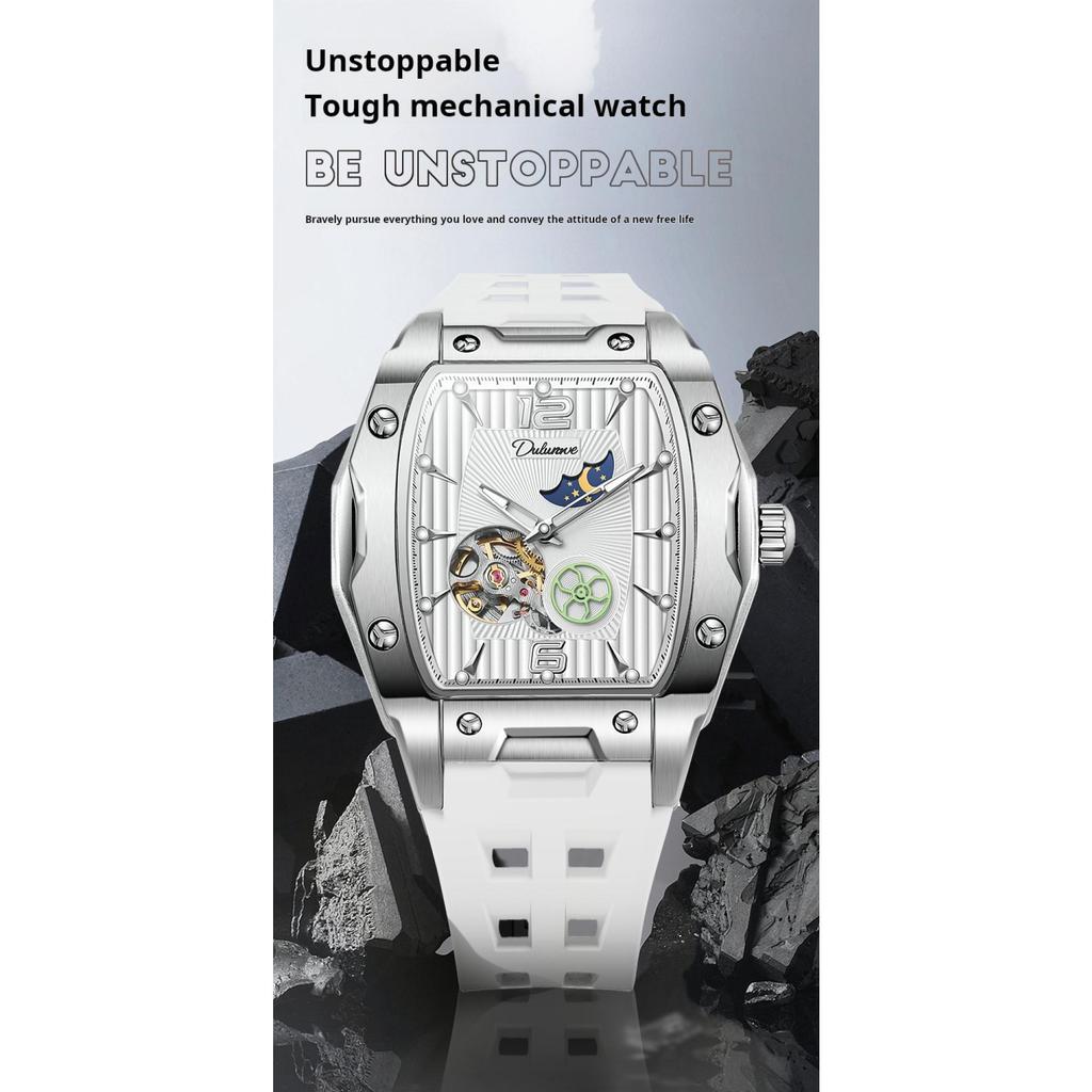 Dulunwe Мужские спортивные часы Tonneau Tourbillon с автоматическим механическим механизмом и фазами Луны, резиновый ремешок, светящиеся наручные часы
