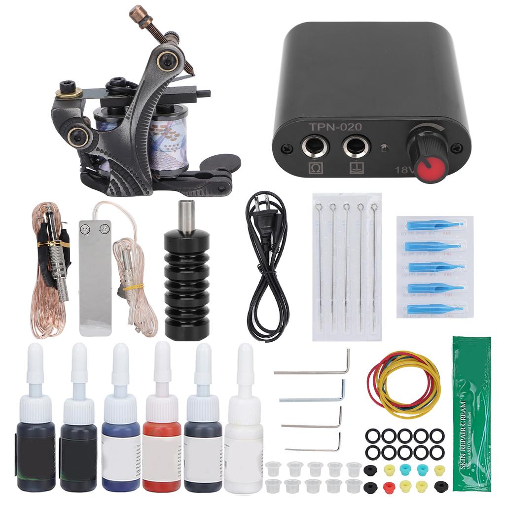 Professional Tattoo Machine Kit 10 Wraps Tattoo Coil Machine Complete Tattoo Power Supply Kit