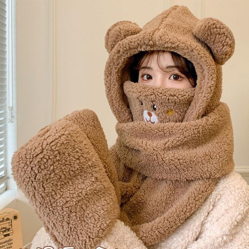 Winter Women One Piece Scarf Cap Winter Thick Warm Hat Scarf Gloves Windproof Anti-cold Girls Cartoon Bear Lamb Fleece Beanie