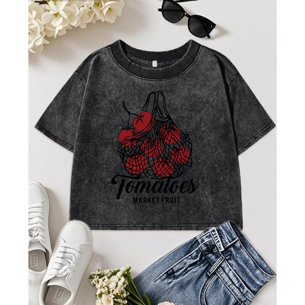 Tomatoes Market Fruit Printing Washed T Shirts Women Slim Casual T-Shirt Fitness Y2K Clothing Woman Short Sleeve
