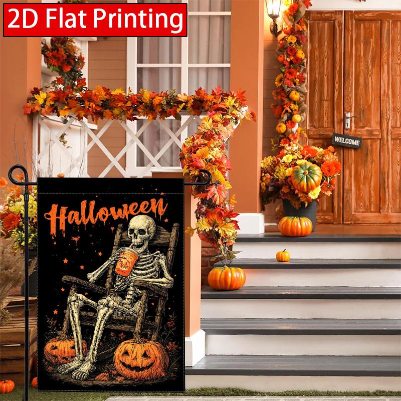 2D Flat, 2D Flat Rocking Chair Skeleton Drinking Coffee Halloween Garden Flag_4-28x40 Inch Outdoor Garden Flag Double-sided Home Decoration Courtyard