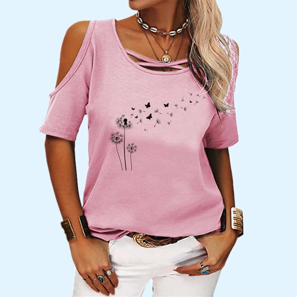 Women Fashion Round Neck Short Sleeve Top Ladies Summer Casual Off Shoulder Floral Printed T-shirt