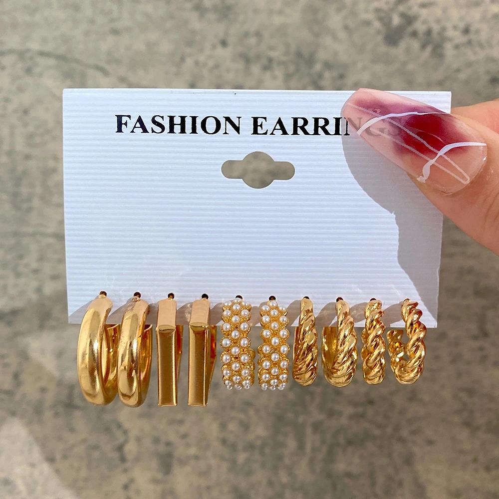 Boho Big Circle Hoop Earring Set for Women, Gold Color Bohemia Vintage Pearl Earring, Heart Zircon Ear Studs Jewelry Gifts