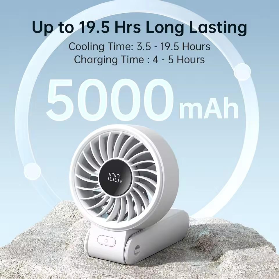 JISULIFE Portable Handheld Fan with LED Display 5 Speeds 5000mAh 150°Folded 3-IN-1 Hand/Desk/Neck Multifunction Personal Fan