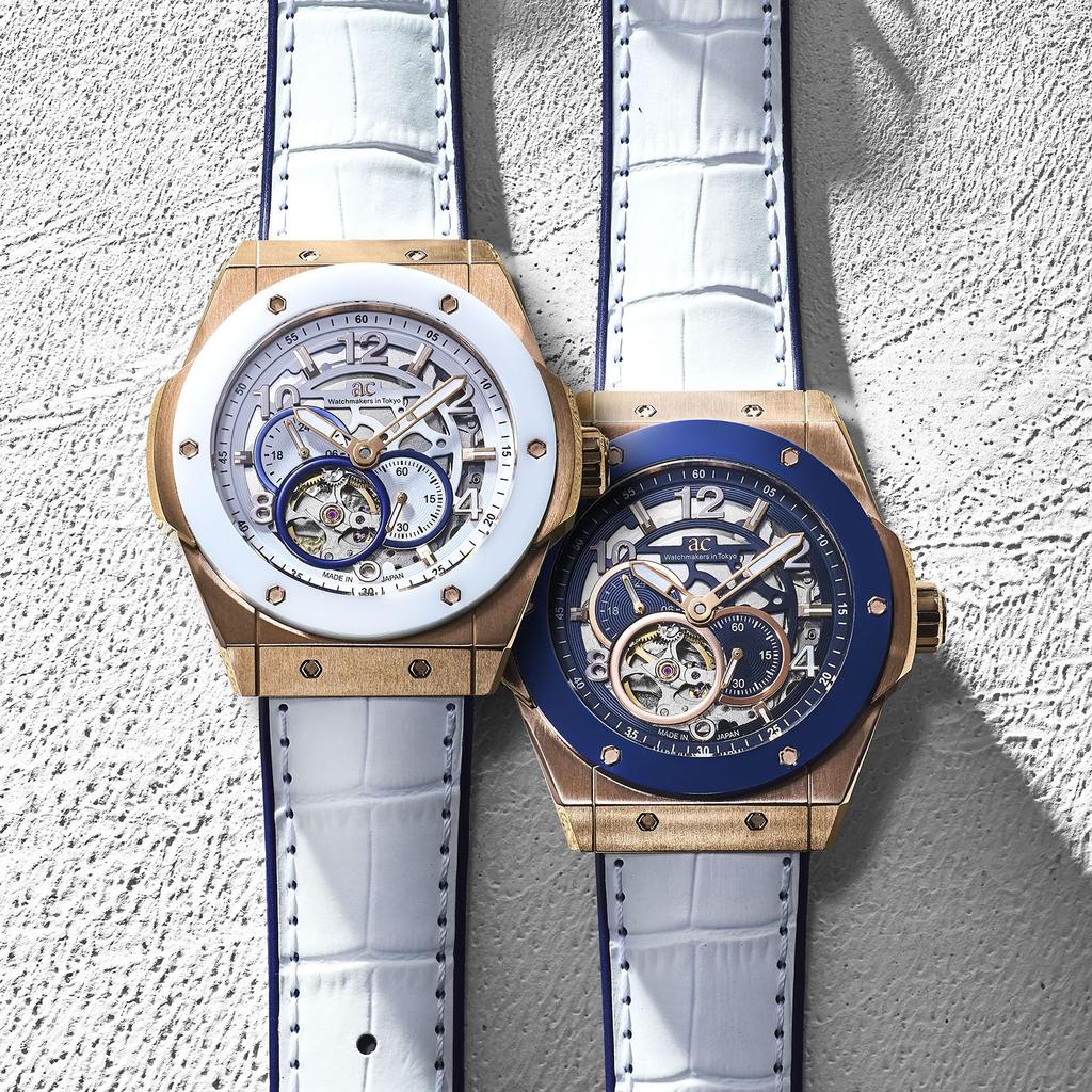 Angel Clover Time Craft Japan Made Ceramic Automatic Men's Watch TCJ45PBU-WH Skeleton Blue Dial Stainless Steel Leather Band 45mm 10ATM Mineral Glass
