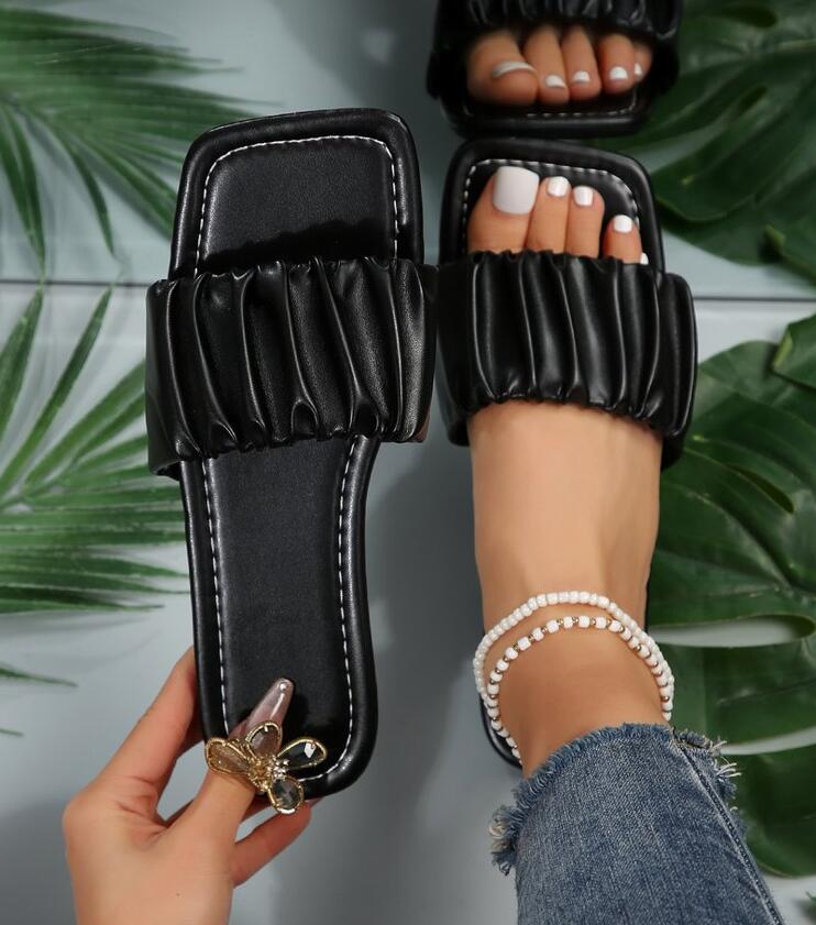 Summer Slippers for Women Pleated Flip Flops Flats 2024 New Korean Slippers Women Sandals Green Slip On Shoes Big Size 36-43