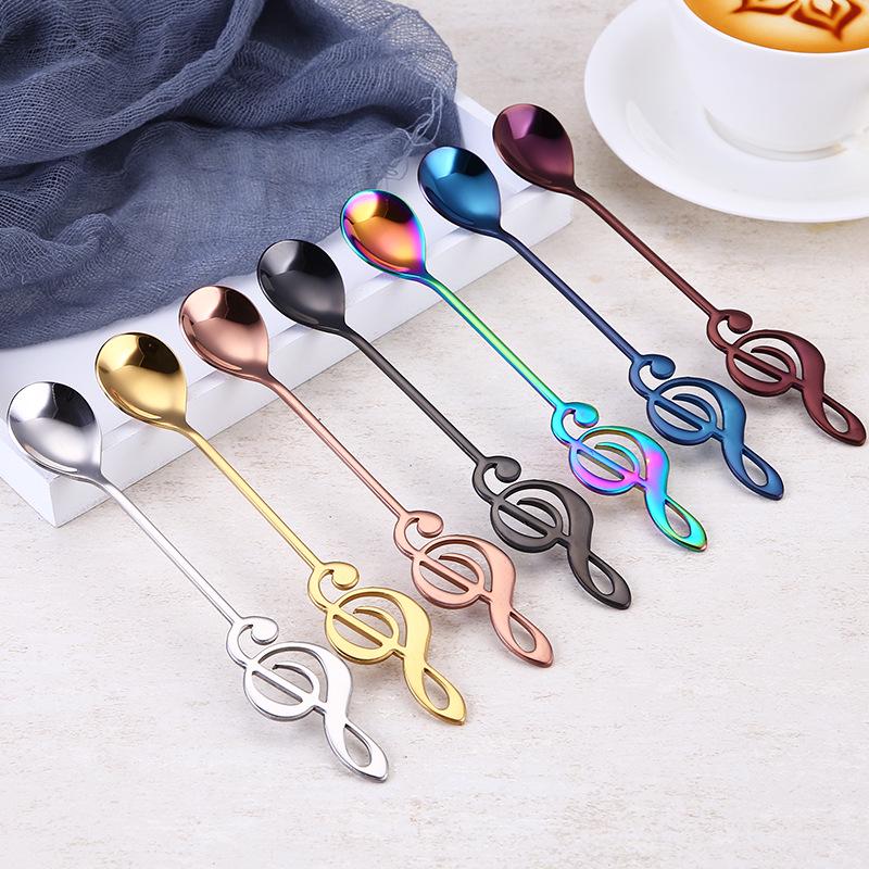 Coffee Stirring Spoon Musical Notes Shaped Long Handle Stainless Steel 7 Colors Dessert Ice Cream Mixing Scoops Drink Tableware