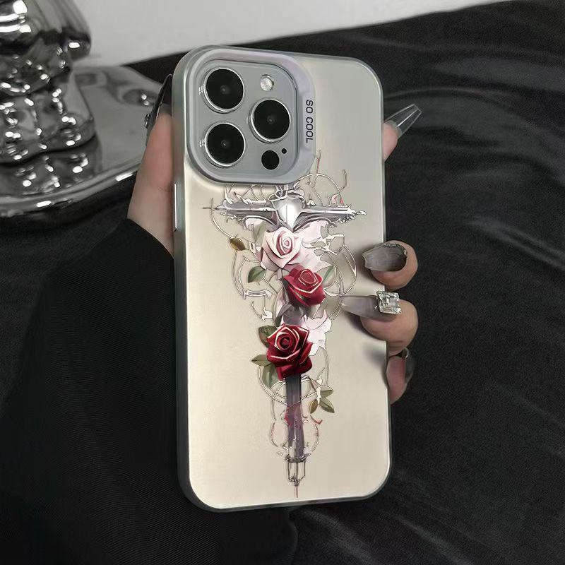 Крест Роза Стерлинговое Серебро Чехол-накладка для iPhone 17/16/15 Pro, 14 Pro Max, 13/12/11