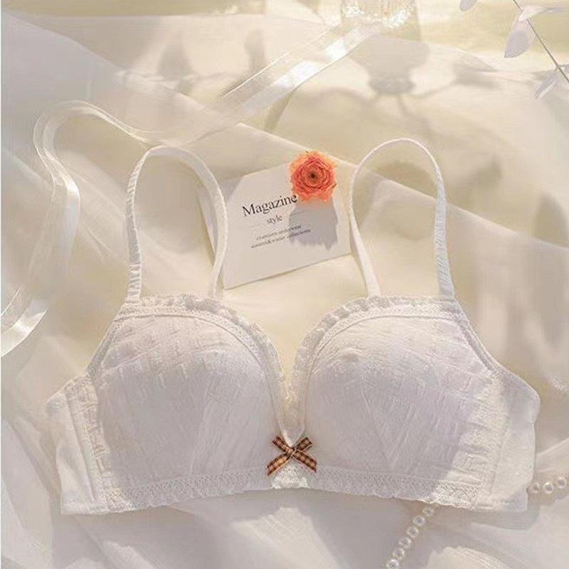 Без стального кольца, маленькая грудь, нижнее белье для девочек, милый бюстгальтер с кружевной кромкой, антипровисающий бюстгальтер с бантом, топ, поддерживающий бюстгальтер