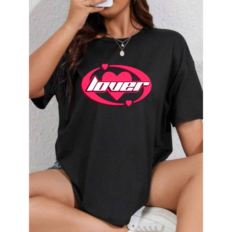 Women'S 180GSM Heavyweight 100% Y2K Millennium Graphic T-Shirt - Black with Pink Heart & "LOVER" Print, Short Sleeve Round Neck Casual Summer Tee
