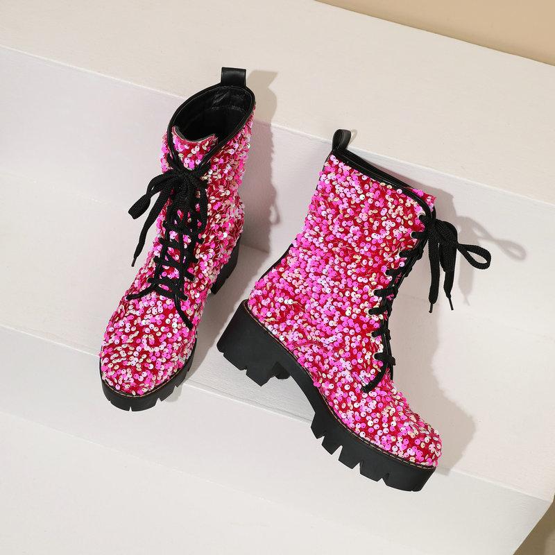 Sequins Glitter Party Goth Shoes For Women Shiny Lace-up Platform Chunky Heels Ankle Boots Wedding Shoes