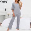 Women's Fashion Casual Summer Spring Solid Color Print Short Sleeve O-Neck Trousers Pants Suits