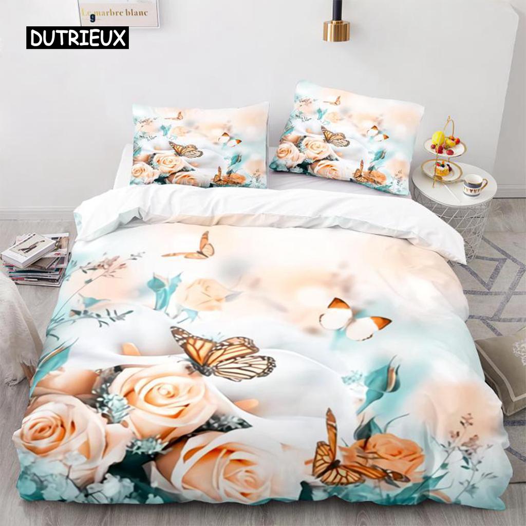 Комплект постельного белья с бабочками, комплект постельного белья с 3D-принтом в виде фиолетовой бабочки и цветочным принтом, фантазийная тема, одеяло размера «king size» для девочки