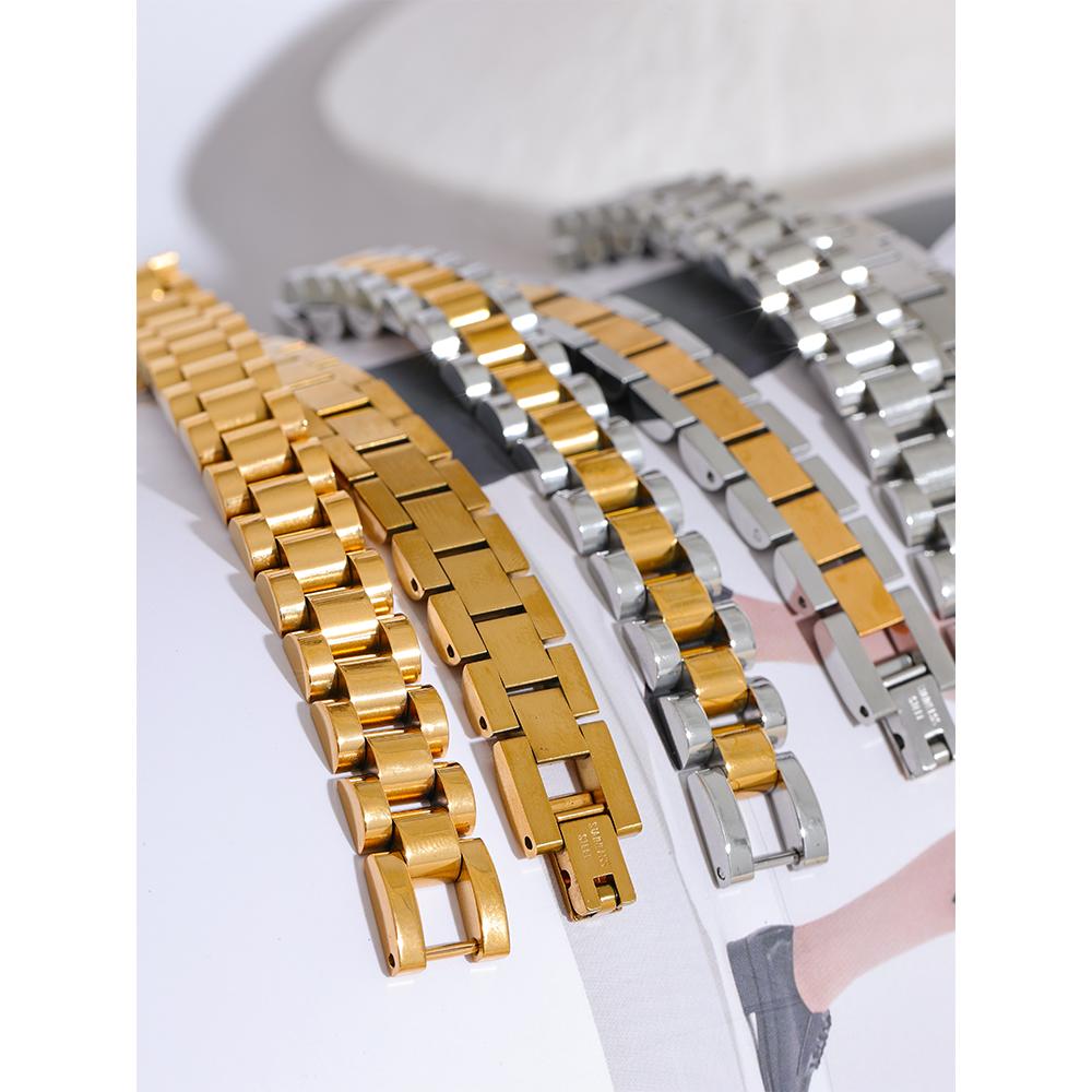Yhpup 21cm Men Stainless Steel Metal Watch Band Cuban Chain Bracelet Bangle Statement 18K Gold Plated Waterproof Jewelry Bijoux