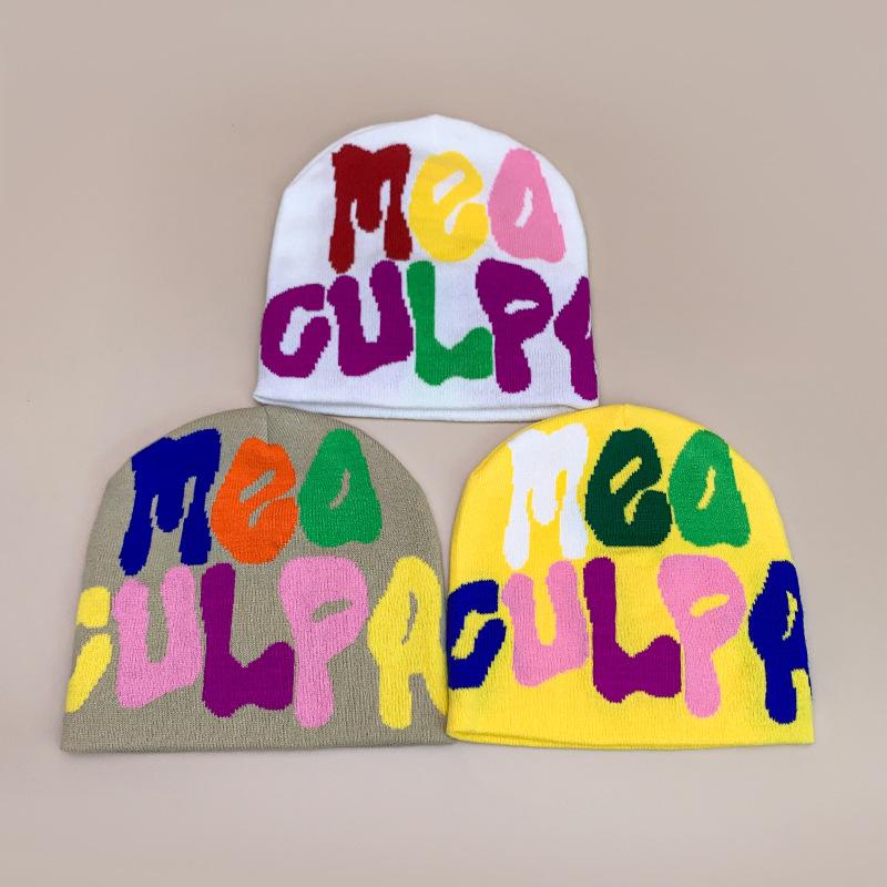 Hip Hop Color Letter Jacquard Knitted Hat Men'S And Women'S Warm Retro American Contrast Colour Pullover Hat