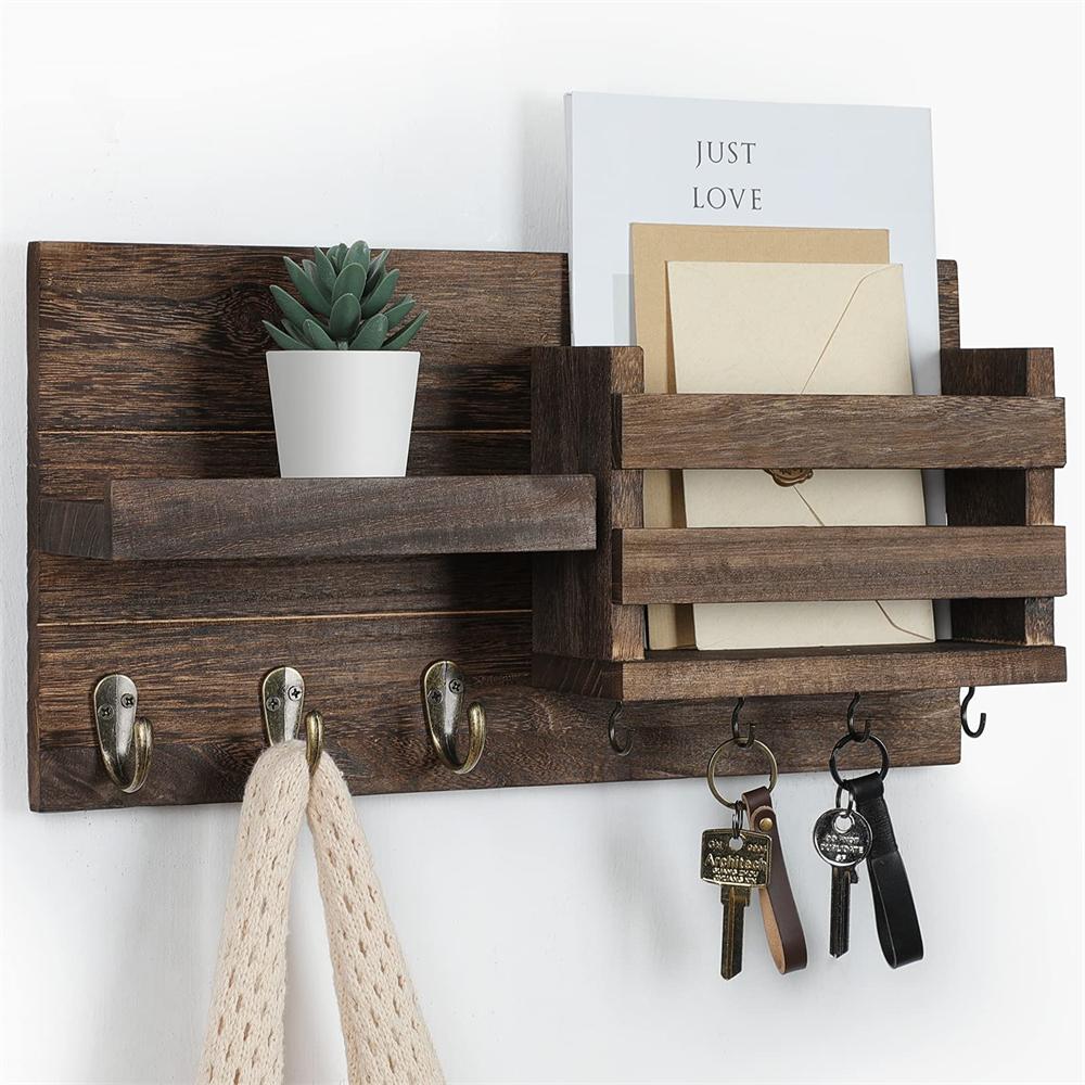 Rustic Wall Mounted Mail Organizer for Wall Entryway Decor Wooden Key Holder with Floating Shelf for Hanging Coats Dog Leashes