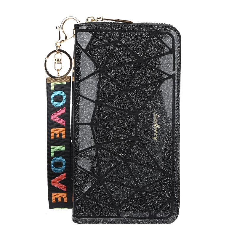 Women's Fashion Shiny Long Wallet with Lanyard Pu Leather Clutch Bag Zipper Cell Phone Bag Ladies Multi-card Coin Purse