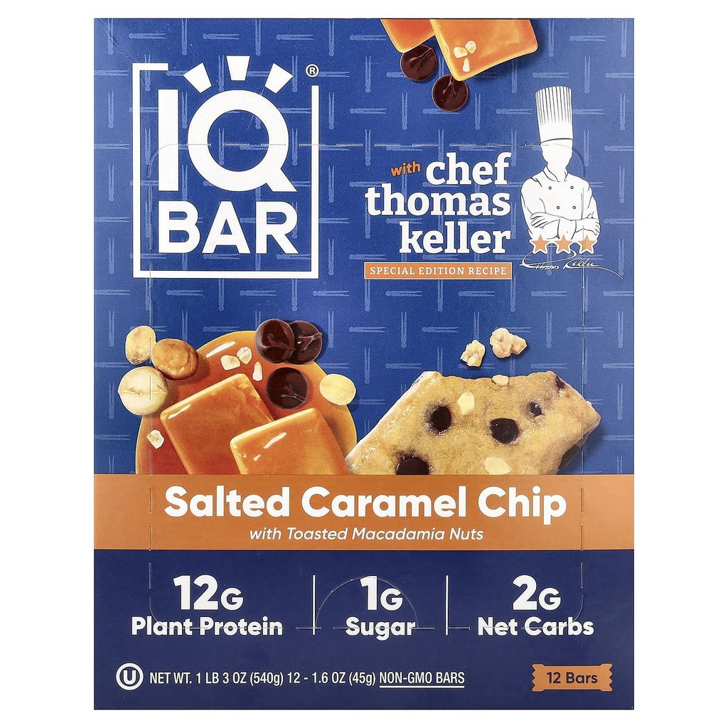 IQBAR Plant Protein Bars, Salted Caramel Chips with Roasted Macadamia Nuts, 12 Bars, 45g (1.6oz) Each