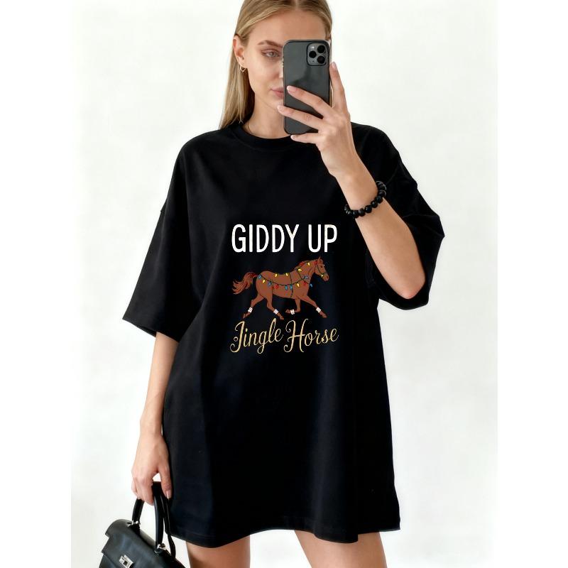 Черная футболка оверсайз с принтом «Giddy Up Jingle Horse» для повседневной носки и праздничного сезона