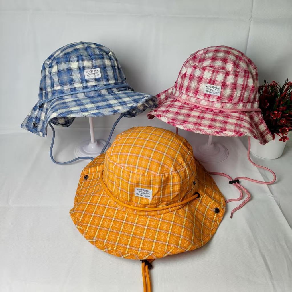 Plaid bucket hat one hat two wear men and women spring and autumn four seasons big brim basin hat sunshade sun hat