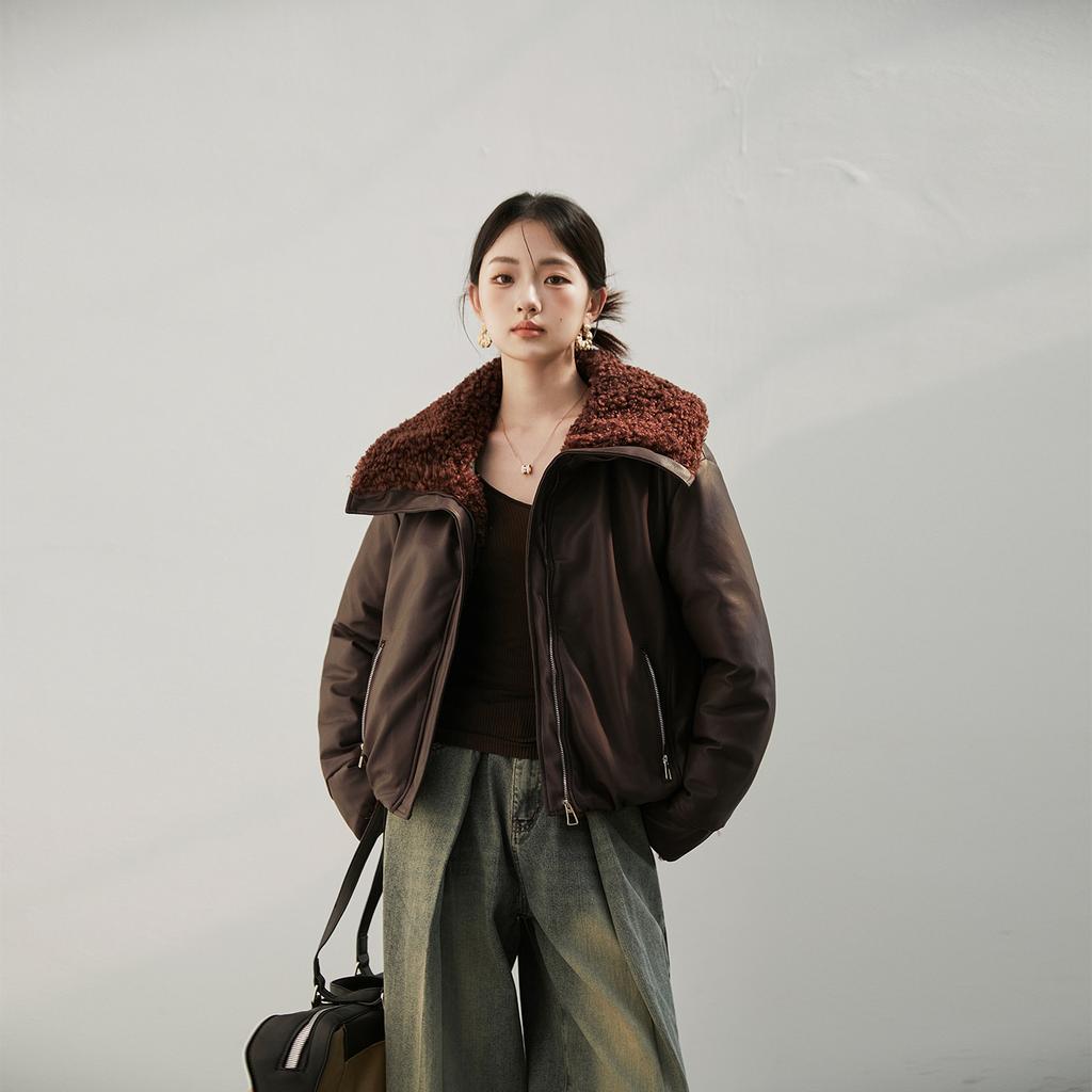 PU leather jacket women's lamb wool pie overcome short cotton-padded clothes winter new vintage small man fleece jacket
