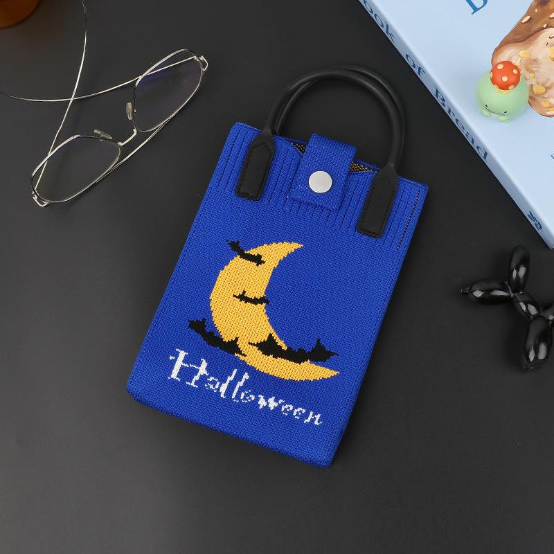 Halloween Themed Knitted Handbag Cartoon Ghost Pumpkin Print Shoulder Crossbody Bag Women Casual Phone Pouch Halloween Gift Bag