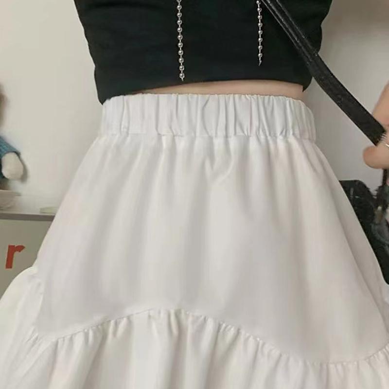 Skirts for Women Ruffled A-line Skirt Female Summer Thin Tutu Skirts Solid Color Preppy Style Elastic High Waist Casual Skirt
